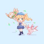  1girl artist_name blonde_hair blue_background blue_dress blue_headwear chibi commentary dokibird_(vtuber) dress english_commentary full_body green_eyes grey_jacket hat indie_virtual_youtuber jacket layered_dress long_sleeves mootecky open_clothes open_jacket open_mouth pokemon pokemon_(creature) rowlet short_dress simple_background smile standing sylveon virtual_youtuber 