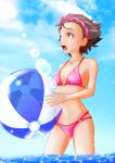  1girl alternate_costume ass_visible_through_thighs ball beachball bikini blue_sky breasts brown_hair cloud collarbone girls_und_panzer groin highres lens_flare momogaa_(girls_und_panzer) nishi_itsumi ocean open_mouth pink_bikini red_eyes short_hair sky small_breasts swimsuit teeth tongue wading water wide-eyed 