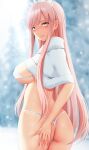  1girl alternate_breast_size ass back bangs bikini blush breasts capelet commentary english_commentary fate/grand_order fate_(series) fur-trimmed_capelet fur_trim ginhaha highres large_breasts long_hair looking_at_viewer looking_back medb_(fate) pink_hair smile snow solo swimsuit thighs tiara white_bikini white_capelet yellow_eyes 