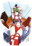  1990s_(style) 1girl arms_up bangs bound bound_arms can_can_bunny eyebrows_visible_through_hair feet_out_of_frame frills green_hair highres long_hair long_sleeves marker_(medium) official_art ootsuki_mai over-kneehighs parted_lips red_legwear retro_artstyle scan solo thighhighs traditional_media 