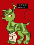 2024 bandage bandaged_arm blep blood_drop_(symbol) bomb camo chest_tuft countershading emoji explosives feral fur gelert_(neopets) glistening glistening_eyes green_and_red green_body green_fur hi_res jackrabbit_(artist) jumpstart_games lizard male neopet_(species) neopets paws red_eyes red_tongue reptile scalie smile solo tongue tongue_out tuft