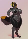 4_toes anthro big_breasts black_body black_fur black_hair black_nipples black_tail blonde_hair breasts canid canine canis curvy_figure ear_piercing feet female fingers full-length_portrait fur grey_body grey_fur grey_tail gwynn_(gw0lf) hair hand_on_hip hand_on_own_hip hi_res huge_breasts looking_at_viewer mammal multicolored_hair navel nipples nude odisia piercing portrait slightly_chubby solo standing tail thick_thighs toes two_tone_hair voluptuous wide_hips wolf yellow_tail