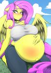 absurd_res anthro belly big_belly big_breasts blue_eyes blush bodily_fluids bottomwear breasts clothed clothing day denim denim_bottomwear denim_clothing equid equine eyebrows eyelashes female fingers fluttershy_(mlp) friendship_is_magic hair hand_on_own_belly hasbro hi_res jeans kneeling long_hair mammal midriff my_little_pony outside pants pegasus pink_hair pink_tail pregnant solo sweat tail topwear vale-city wings yellow_body