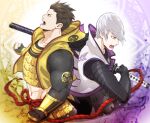  2boys abs armor black_gloves black_hair chest_armor clenched_hands fighting_stance gauntlets gloves grey_hair holding holding_sword holding_weapon hood hood_down ishida_mitsunari_(sengoku_basara) japanese_armor jigoku_meguri kusazuri male_focus multiple_boys muscular muscular_male navel open_clothes open_mouth sengoku_basara sheath sheathed short_hair sword tokugawa_ieyasu_(sengoku_basara) weapon 