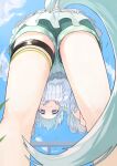  1girl absurdres animal_ears ass blue_eyes blush closed_mouth cloud commentary_request fence from_below grass hair_ornament highres horse_ears horse_girl horse_tail looking_at_viewer medium_hair seiun_sky_(umamusume) shorts sky solo tail tetra_(ktet4_illu) umamusume 