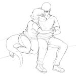 2024 5_toes anthro bald barefoot baryonyx black_and_white claws dinosaur duo embrace eyes_closed eyewear feet female hand_holding hug human i_wani_hug_that_gator inco_(iwhtg) long_tail male male/female mammal monochrome olivia_halford prometheuzone reptile scalie sitting sketch smile snout spinosaurid sunglasses tail theropod toe_claws toes