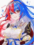 1girl alear_(female)_(fire_emblem) alear_(fire_emblem) armor artist_name blue_eyes blue_hair breasts commentary_request eyelashes fire_emblem fire_emblem_engage heterochromia multicolored_hair red_eyes red_hair simple_background smile solo split-color_hair teeth twitter_username two-tone_hair upper_body white_background zqzbq 