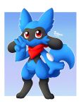 2023 anthro blue_background blue_body blue_fur bokurei border canid canine cheek_tuft crotch_tuft digitigrade drew_(djmuffintops) facial_tuft front_view full-length_portrait fur generation_4_pokemon gesture hi_res kerchief kerchief_only looking_at_viewer male mammal mostly_nude neckerchief neckerchief_only nintendo outline pokemon pokemon_(species) pokemon_mystery_dungeon portrait pose red_eyes red_kerchief red_neckerchief riolu simple_background smile solo standing tuft v_sign white_border white_outline