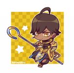  1boy ahoge ankh ankh_necklace border brown_eyes brown_hair brown_pants brown_shirt cane checkered_background chibi chibi_only dark-skinned_male dark_skin earrings fate/grand_order fate_(series) full_body gauntlets gold_earrings gold_necklace hip_vent holding holding_cane jewelry kotorai male_focus necklace no_nose ozymandias_(fate) pants sandals shirt short_hair signature smile solo star_(symbol) white_border 