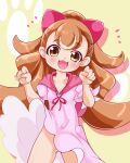  1girl :3 :d blush bow brown_eyes brown_hair dress hair_bow highres hood hooded_dress inukai_komugi long_hair looking_at_viewer no_panties open_mouth paw_pose pink_dress ponytail precure ribbon short_sleeves smile solo wonderful_precure! yoppi98ro 