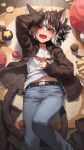  1girl :d animal_ear_fluff animal_ears arm_up bangs black_hair black_jacket blue_pants blush brown_eyes cat_ears cat_girl cat_tail collarbone commentary_request commission eyebrows_visible_through_hair fangs feet_out_of_frame hair_between_eyes highres jacket looking_at_viewer lying melaton multicolored_hair on_back open_clothes open_jacket open_mouth original pants shirt skeb_commission smile solo tail two-tone_hair white_hair white_shirt wooden_floor 