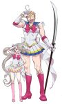  2boys ahoge bishoujo_senshi_sailor_moon boots bow brown_hair choker circlet closed_eyes cosplay crossdressing earrings elbow_gloves full_body gloves hand_on_own_hip heart heart_choker highres holding holding_polearm holding_weapon ima-no-tsurugi inward_v iwatooshi jewelry knee_boots kujou_kiyo long_hair male_focus multiple_boys naginata open_mouth orange_hair pink_footwear pink_sailor_collar polearm red_eyes red_footwear sailor_chibi_moon sailor_chibi_moon_(cosplay) sailor_collar sailor_moon sailor_moon_(cosplay) sailor_senshi_uniform sharp_teeth simple_background skirt smile teeth touken_ranbu v weapon white_background white_gloves yellow_choker 