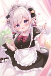  1girl absurdres apron azur_lane black_dress black_footwear black_ribbon blurry blush bow commentary depth_of_field dress flandre_(azur_lane) flandre_(if_love_is_a_sin_thou_art_forgiven)_(azur_lane) hair_ribbon highres low_twintails maid maid_apron maid_headdress manjuu_(azur_lane) mary_janes mimikaki nayqws neck_ribbon official_alternate_costume pantyhose puffy_short_sleeves puffy_sleeves purple_eyes red_bow ribbon ribbon_braid shoes short_sleeves sitting skirt_hold smile twintails wariza white_hair white_pantyhose wrist_cuffs 