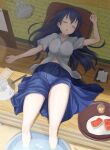  1girl absurdres bangs blue_hair closed_eyes commentary_request food fruit hair_between_eyes highres long_hair love_live! love_live!_school_idol_project lying ofuchobetto_shirai on_back open_door shirt short_sleeves sleeping sliding_doors soaking_feet solo sonoda_umi swept_bangs tatami veranda water watermelon white_shirt wooden_floor 