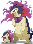  animal_focus blue_fur closed_mouth commentary_request cyndaquil evolutionary_line hisuian_typhlosion no_humans pokemon pokemon_(creature) purple_fur red_eyes red_fire shadow simple_background smile standing two-tone_fur uru_(ururu0731) white_background yellow_fur 