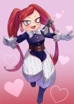  1girl :d absurdres blush boku_no_hero_academia bow bowtie breasts character_doll earrings full_body gentle_criminal gloves heart heart_earrings highres jewelry la_brava long_hair open_mouth peppertomo pink_background pink_eyes puffy_pants red_hair simple_background smile solo twintails white_gloves 