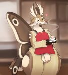 anthro apron arthropod atherol beverage blush clothing coffee flaccid foreskin genitals hi_res insect lepidopteran male moth penis solo thick_thighs
