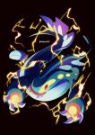 black_background claws eelektross electricity full_body highres jacknaiff no_humans pokemon pokemon_(creature) red_eyes simple_background solo twitter_username 