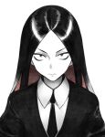  1other androgynous black_hair bort closed_mouth collared_shirt colored_inner_hair gem_uniform_(houseki_no_kuni) highres houseki_no_kuni jacket limited_palette long_hair looking_at_viewer multicolored_hair necktie other_focus parted_bangs red_hair shirt simple_background solo straight_hair streaked_hair tsurime upper_body yonq98 