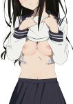  1girl black_hair black_sailor_collar bra breasts chitanda_eru clothes_lift commentary_request head_out_of_frame highres hyouka lifted_by_self long_hair long_sleeves medium_breasts morisobo navel nipples parted_lips pleated_skirt sailor_collar school_uniform shirt shirt_lift simple_background skirt solo sweat underwear white_background white_bra white_shirt 