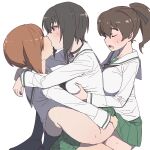  3girls arms_around_neck ass_grab black_legwear black_neckerchief black_ribbon blush breasts closed_eyes fff_threesome futa_with_female futanari girls_und_panzer green_sailor_collar green_skirt groping group_sex highres implied_futanari incest kawashima_momo kiss kneehighs koyama_yuzu large_breasts multiple_girls neckerchief nishizumi_miho no_panties onsen_tamago_(hs_egg) ooarai_school_uniform open_mouth ribbon sailor_collar school_uniform serafuku short_ponytail skirt sweat thighs threesome white_background 