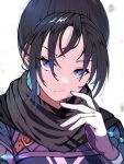  1girl animification apex_legends bangs black_bodysuit black_hair black_scarf blue_eyes bodysuit commentary eyebrows_visible_through_hair gloves hair_behind_ear head_tilt highres looking_at_viewer portrait purple_gloves scarf smirk solo uyuyu_(uyu) white_background wraith_(apex_legends) 