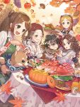  1boy 4girls ada_mesmer anne_lester apple apron arm_up arms_up black_choker black_hair blonde_hair braid brown_hair button_eyes chicken_(food) choker crab demi_bourbon emil_(identity_v) emma_woods food freckles fruit fruit_cup grapes happy hat highres holding holding_spoon identity_v identityvjp juice leaf leaf_print light_smile maple_leaf meal medium_hair mole multiple_girls mushroom one_eye_closed orange_juice outdoors overalls party pinecone pumpkin shiba_inu_(identity_v) shirt short_hair sidelocks smile spoon stitches straw_hat stuffing torn_clothes tray twin_braids white_shirt 