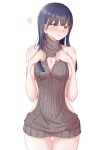  1girl absurdres ass_visible_through_thighs backless_dress backless_outfit bare_arms bare_shoulders blue_hair blush boku_no_kokoro_no_yabai_yatsu breasts breasts_squeezed_together brown_eyes cleavage cleavage_cutout closed_mouth clothing_cutout cowboy_shot dark_blue_hair dress grey_sweater hands_up heart heart_cutout highres large_breasts long_hair meme_attire naked_sweater ribbed_sweater sacra_(sacrabokuyaba) sideboob simple_background sleeveless sleeveless_sweater sleeveless_turtleneck solo sweater sweater_dress thigh_gap turtleneck turtleneck_sweater virgin_killer_sweater white_background yamada_anna 