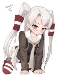  1girl absurdres all_fours amatsukaze_(kancolle) brown_dress brown_eyes dated dress grey_hair grey_neckerchief hair_tubes highres kantai_collection long_hair looking_at_viewer maru_(marg0613) neckerchief one-hour_drawing_challenge red_thighhighs sailor_collar sailor_dress short_dress simple_background solo striped_clothes striped_thighhighs thighhighs tongue tongue_out twitter_username two_side_up white_background white_sailor_collar 