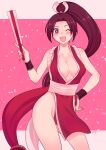  1girl ;d artist_name breasts bright_pupils brown_eyes brown_hair cleavage commentary_request cowboy_shot fatal_fury folding_fan hair_ribbon hand_fan hand_on_hip highres holding holding_fan japanese_clothes jinno_shigure kimono kimono_dress large_breasts long_hair looking_at_viewer one_eye_closed open_mouth partial_commentary pelvic_curtain ponytail red_kimono ribbon sash shiranui_mai signature sleeveless sleeveless_kimono smile solo standing tasuki the_king_of_fighters white_pupils white_ribbon white_sash 