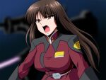  1girl blue_background blurry blurry_background breasts brown_eyes brown_hair girls_und_panzer gundam gundam_seed gundam_seed_destiny kamishima_kanon long_hair mecha military_uniform nishizumi_shiho open_mouth robot shiho_hahnenfuss solo teeth uniform upper_body 