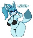 2024 accessory anthro big_breasts bikini black_bikini black_clothing black_swimwear blue_body blue_eyes blue_hair breasts clothing dialogue eeveelution eyewear female generation_4_pokemon glaceon glasses gloves_(marking) hair hair_accessory hair_tie hand_on_chest hi_res i_am_kat95 looking_at_viewer markings navel nintendo open_mouth pokemon pokemon_(species) ponytail slightly_chubby solo swimwear thick_thighs