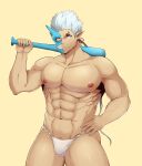  1boy abs absurdres bara baseball_bat blank_eyes bulge closed_mouth commentary cowboy_shot fang fujimachine_(clayten) fundoshi half_mask hand_on_hip highres horned_mask japanese_clothes large_pectorals long_hair looking_at_viewer male_focus mask monster_boy muscular muscular_male navel nipples oni_mask over_shoulder pectorals pointy_ears ponytail shuten_douji_(housamo) sideburns solo stomach thick_thighs thighs tokyo_afterschool_summoners topless_male white_hair 
