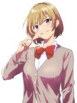  1girl bangs blonde_hair blue_eyes blush bow bowtie brown_cardigan cardigan collared_shirt commentary_request disguise dress_shirt genderswap genderswap_(mtf) grin head_tilt highres long_sleeves looking_at_viewer original pulling red_bow school_uniform shirt short_hair simple_background skinsuit smile sokusekicombo solo upper_body white_background white_shirt 