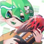  1boy commentary glint green_eyes green_hair gun highres holding holding_gun holding_weapon icebo_x_x inkling inkling_boy inkling_player_character male_focus open_mouth pointy_ears range_blaster_(splatoon) short_hair smile solo splatoon_(series) splatoon_3 teeth tentacle_hair upper_body weapon white_background 