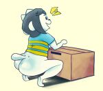 anthro bottomless box butt butt_focus canid canine clothed clothing container crouching felid feline female fur grey_hair hair happy hi_res mammal pattern_clothing pattern_shirt pattern_topwear shirt solo striped_clothing striped_shirt striped_topwear stripes tail teapot_(body_type) tem temmie_(deltarune) temmie_(undertale) thael topwear undertale undertale_(series) white_body white_fur wide_hips