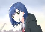  1girl black_hoodie blue_hair blurry blurry_background bob_cut cityscape close-up cloud cloudy_sky commentary crane_(machine) darling_in_the_franxx depth_of_field diagonal-striped_clothes diagonal-striped_necktie dress_shirt from_side green_eyes grey_sky hair_ornament hairclip hanaharupapa hood hood_down hoodie ichigo_(darling_in_the_franxx) light_blush long_sleeves looking_at_viewer looking_to_the_side loose_hair_strand necktie outdoors parted_lips portrait red_necktie scene_reference school_uniform shirt short_hair sky skyline solo striped_clothes swept_bangs two-tone_necktie white_shirt yellow_necktie 