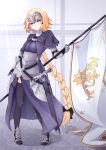  1girl archived_source armor armored_dress banner blonde_hair blue_dress blue_eyes blue_thighhighs braid breasts chain dress fate/apocrypha fate/grand_order fate_(series) flag fleur-de-lis gauntlets headpiece highres jeanne_d&#039;arc_(fate) light_blush long_braid long_hair looking_at_viewer medium_breasts plackart sato_(r017xts117) scabbard sheath sheathed single_braid smile solo standard_bearer thighhighs very_long_hair 