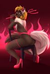 anthro black_nose blonde_hair breasts brown_body brown_eyes brown_fur butt chair clothed clothing costume demon fairdahlia fangs female fire fishnet fishnet_legwear fluffy fluffy_tail footwear fur furgonomics furniture gradient_background gulonine hair hell hi_res high_heels horn legwear long_tail mammal mel_(mykegreywolf) melee_weapon mustelid musteline one-piece_swimsuit polearm short_hair side_boob simple_background sitting skimpy smile solo swimwear tail tan_body tan_fur teeth tongue trident weapon wolverine