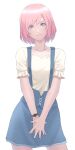  1girl blue_eyes blue_skirt collarbone commentary english_commentary head_tilt highres looking_at_viewer original own_hands_together pink_hair puffy_sleeves shirt short_hair simple_background skirt solo standing sthreep suspender_skirt suspenders watch white_background white_shirt wristwatch 