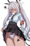  1girl absurdres armband blue_archive blush bow bow_panties clothes_lift dark_skin demon_tail hair_bow halo highres iori_(blue_archive) metsu_end necktie panties pantyshot pleated_skirt pointy_ears skirt skirt_lift tail twintails underwear white_panties 