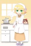  1girl 221_(tsutsuichi) alternate_costume apron bangs blonde_hair blush boiling brown_kimono chopsticks commentary_request cooking counter full_body green_eyes hakurei_reimu head_scarf holding holding_chopsticks indoors japanese_clothes kappougi kimono long_sleeves looking_at_viewer mizuhashi_parsee open_mouth pointy_ears pot purple_footwear short_hair slippers socks touhou white_legwear window yukkuri_shiteitte_ne 