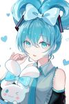  1girl bad_id bad_pixiv_id black_sleeves blue_bow blue_eyes blue_hair blue_necktie bow cinnamiku cinnamoroll collared_shirt commentary commentary_request detached_sleeves ear_bow grey_shirt hair_between_eyes hair_bow hatsune_miku heart heart_background highres iren_lovel long_sleeves looking_at_viewer necktie parted_lips polka_dot sanrio shirt sleeveless sleeveless_shirt smile tied_ears upper_body vocaloid white_background wide_sleeves 
