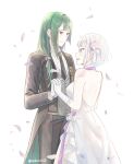  1boy 1girl bare_shoulders closed_mouth collar couple dress flower formal fortuna_(re:zero) green_hair hair_flower hair_ornament highres lce long_hair low-tied_long_hair necktie open_mouth petals petelgeuse_romaneeconti re:zero_kara_hajimeru_isekai_seikatsu ribbon rose silver_hair smile suit wedding wedding_dress white_flower white_rose 