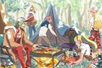  2girls 4boys bird blonde_hair bottle brown_coat brown_hair chain_necklace closed_mouth coat cooking fire firewood food forest gloves green_hair green_shirt hand_on_own_hip hat headphones helmeppo hibari_(one_piece) highres jewelry koby_(one_piece) kujaku_(one_piece) long_hair medium_hair mocchi_(mkz) multiple_boys multiple_girls nature necklace one_piece open_clothes open_mouth outdoors peaked_cap pink_gloves pink_hair pink_headwear ponytail prince_grus red_shirt sausage scissors seagull shirt short_hair sitting smile standing stuffed_animal stuffed_toy sunglasses teddy_bear tent water_bottle white_shirt x_drake 