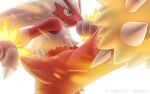  blaziken blue_eyes claws clenched_hand close-up closed_mouth colored_sclera commentary fire kicking komepan pokemon pokemon_(creature) solo white_background yellow_sclera 