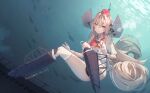  1girl ballet_boots bell blonde_hair coat drum_(kancolle) garrison_cap gloves hair_ornament hair_rings hat highres himeyamato kantai_collection long_hair neck_bell parted_bangs red_headwear smile solo star_(symbol) star_hair_ornament star_ornament swimsuit swimsuit_under_clothes thighhighs underwater very_long_hair white_coat white_gloves white_thighhighs 