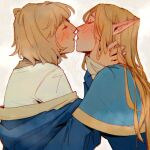  2girls after_kiss blonde_hair blue_robe blush closed_eyes commentary_request diezmil10000 dungeon_meshi ear_blush elf falin_thorden falin_thorden_(tallman) hands_on_another&#039;s_neck highres long_hair marcille_donato medium_hair multiple_girls noses_touching off_shoulder pointy_ears robe saliva saliva_trail shirt spanish_commentary upper_body white_background white_shirt yuri 