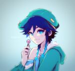  1boy absurdres artist_name bangs blue_background blue_eyes blue_hair blue_headwear braid candy closed_mouth food genshin_impact gradient_hair hair_between_eyes highres holding holding_candy holding_food holding_lollipop lollipop long_sleeves male_focus multicolored_hair naociel off_shoulder short_hair_with_long_locks solo twin_braids upper_body venti_(genshin_impact) 
