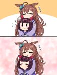  2girls =_= ahoge ahoge774 animal_ears brown_hair hair_ornament headband highres horse_ears horse_girl horse_tail hug hug_from_behind long_hair medium_hair mejiro_bright_(umamusume) multiple_girls nishino_flower_(umamusume) open_mouth purple_eyes school_uniform tail tracen_school_uniform umamusume x_hair_ornament 